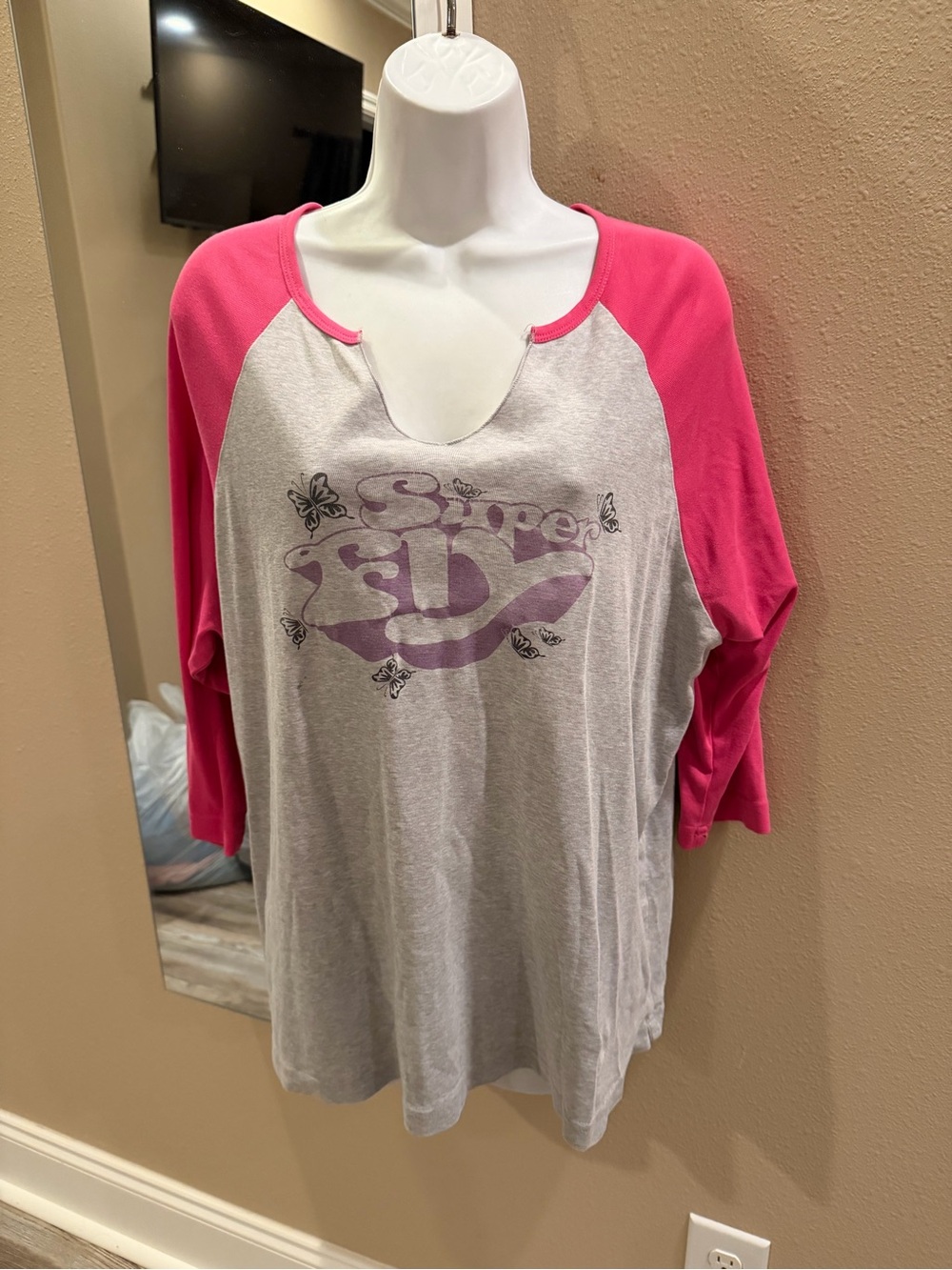 Fashion Bug Pink Raglan Sleeve Gray Graphic Tee